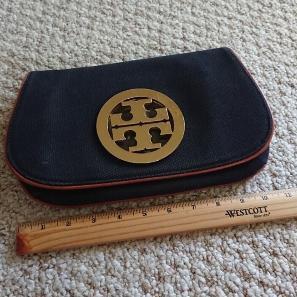 Tory Burch dark blue Canvas with leather Trim Clutch